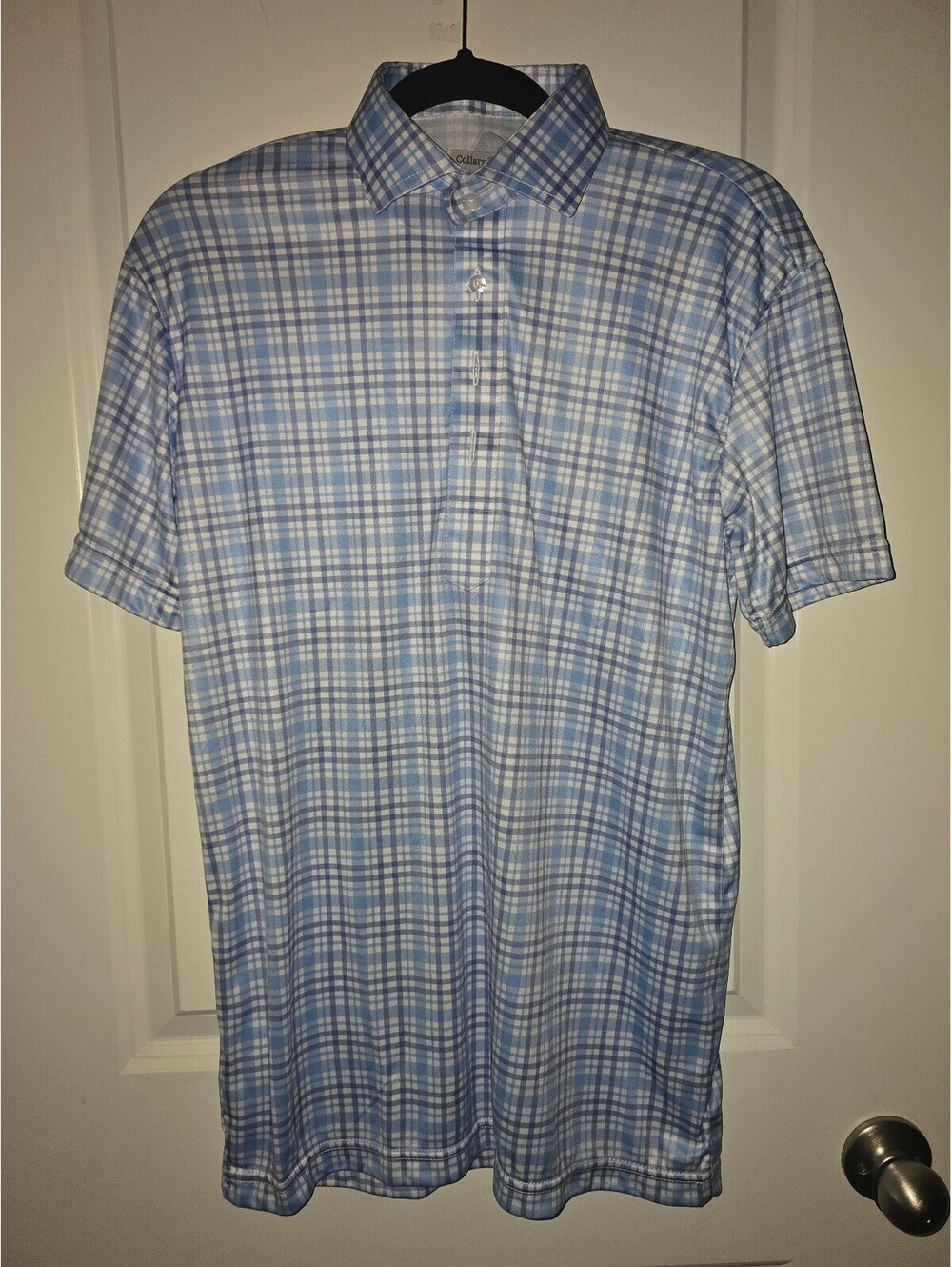 Collars & Co. Small Dress Collar Polo Shirt Blue Plaid 100% Polyester